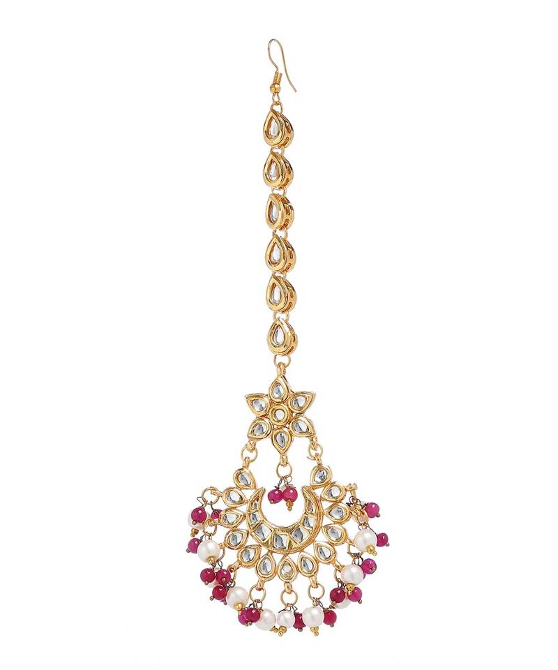 Designer Kudan Stone Maangtikka Floral Pearl Stone Meenakari Chandbali Chandelier Maang Tikka