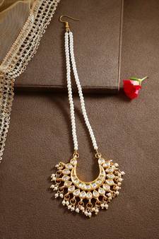 Designer Kudan Stone Maangtikka Floral Pearl Stone Meenakari Chandbali Chandelier Maang Tikka
