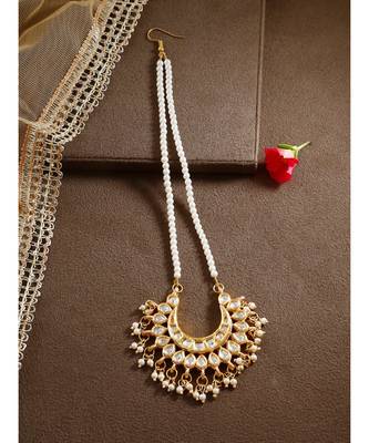 Designer Kudan Stone Maangtikka Floral Pearl Stone Meenakari Chandbali Chandelier Maang Tikka 1