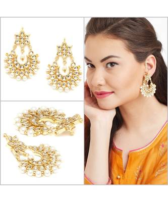 Designer Kudan Stone Floral Pearl Stone Meenakari Chandbali Chandelier Dangler Earrings 1