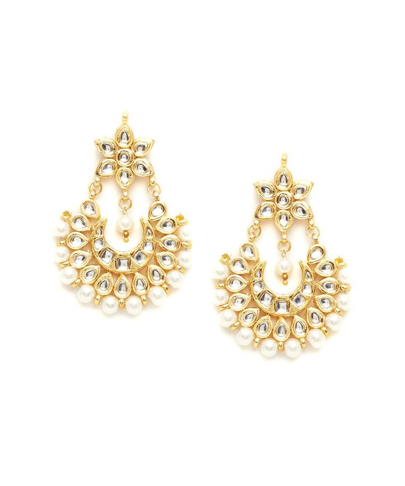 Designer Kudan Stone Floral Pearl Stone Meenakari Chandbali Chandelier Dangler Earrings