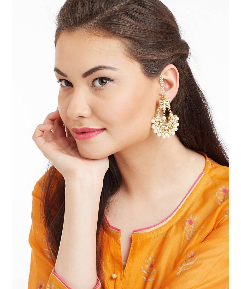 Designer Kudan Stone Floral Pearl Stone Meenakari Chandbali Chandelier Dangler Earrings