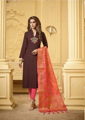 Brown embroidered cotton salwar with dupatta 1