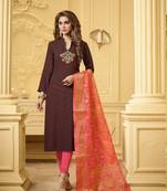 Brown embroidered cotton salwar with dupatta