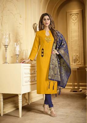 Mustard embroidered cotton salwar with dupatta 1