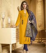 Mustard embroidered cotton salwar with dupatta