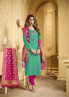 Green embroidered cotton salwar with dupatta 1