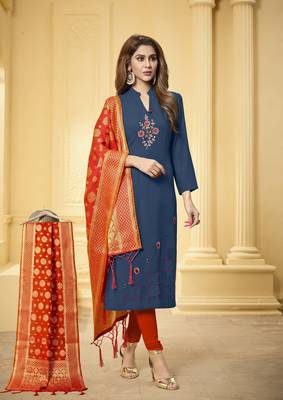 Blue embroidered cotton salwar with dupatta 1