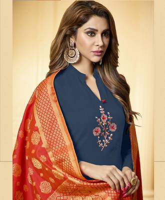 Blue embroidered cotton salwar with dupatta 2