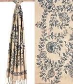 Cream and Blue Kalamkari Hand Painted Venkatagiri Cotton Dupatta with Flowers Design