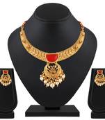 Attractive Leaf Design Gold Plated Lct Stone Choker Necklace Set For Women