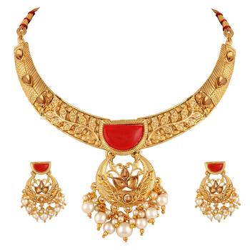 Attractive Leaf Design Gold Plated Lct Stone Choker Necklace Set For Women 2