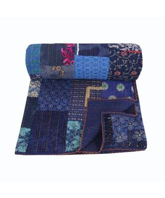 Blue Patola Patch Kantha Quilt Indian Handmade Print Bedspread Cotton Blanket Queen Size 1