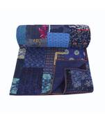 Blue Patola Patch Kantha Quilt Indian Handmade Print Bedspread Cotton Blanket Queen Size