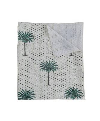 Palm Tree Green Printed Kantha Quilt Indian Handmade Print Bedspread Cotton Blanket Queen Size 1