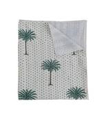 Palm Tree Green Printed Kantha Quilt Indian Handmade Print Bedspread Cotton Blanket Queen Size