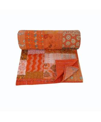 Orang Patola Patch  Kantha Quilt Indian Handmade Print Bedspread Cotton Blanket Queen Size 1