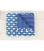 Indian Handmade Indigo Blue Fish Design Kantha Quilt Print Bedspread Cotton Blanket Queen Size