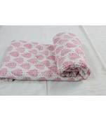 Indian Handmade White & Ping Big Butta Desing Kantha Quilt Print Bedspread Cotton Blanket Queen Size