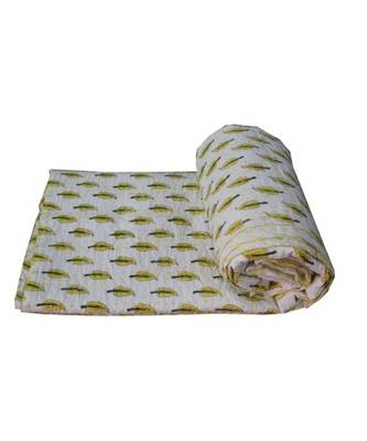 Indian Handmade Green Plant Design Kantha Quilt Print Bedspread Cotton Blanket Queen Size 1