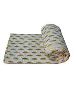 Indian Handmade Green Plant Design Kantha Quilt Print Bedspread Cotton Blanket Queen Size