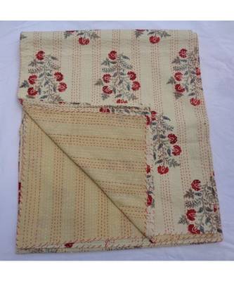 Indian Handmade Beige Flower Design Kantha Quilt Print Bedspread Cotton Blanket Queen Size 1