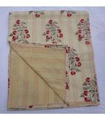 Indian Handmade Beige Flower Design Kantha Quilt Print Bedspread Cotton Blanket Queen Size