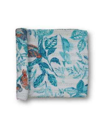 Indian Handmade Turquoise Owl Design Kantha Quilt Print Bedspread Cotton Blanket Queen Size 1