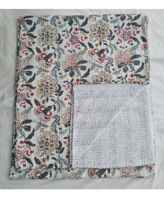 Indian Handmade Ismol Flower Desing Kantha Quilt Print Bedspread Cotton Blanket Queen Size 1
