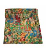Indian Handmade Farida Prinred Kantha Quilt Print Bedspread Cotton Blanket Queen Size