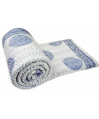 Indian Handmade Blue Butta Printed Kantha Quilt Print Bedspread Cotton Blanket Queen Size 1