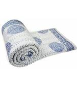 Indian Handmade Blue Butta Printed Kantha Quilt Print Bedspread Cotton Blanket Queen Size