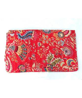 Indian Handmade Red Printed Kantha Quilt Print Bedspread Cotton Blanket Queen Size 1