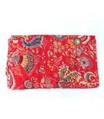 Indian Handmade Red Printed Kantha Quilt Print Bedspread Cotton Blanket Queen Size