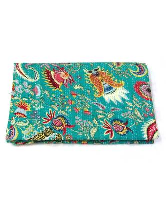 Indian Handmade See Green Printed Kantha Quilt Print Bedspread Cotton Blanket Queen Size 1