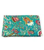 Indian Handmade See Green Printed Kantha Quilt Print Bedspread Cotton Blanket Queen Size