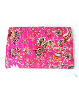 Indian Handmade Pink  Printed Kantha Quilt Print Bedspread Cotton Blanket Queen Size 1