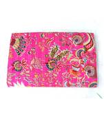 Indian Handmade Pink  Printed Kantha Quilt Print Bedspread Cotton Blanket Queen Size