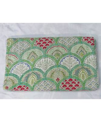 Indian Handmade Green Mukuta Printed Design Kantha Quilt Print Bedspread Cotton Blanket Queen Size 1