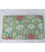 Indian Handmade Green Mukuta Printed Design Kantha Quilt Print Bedspread Cotton Blanket Queen Size