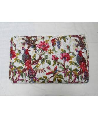 Indian Handmade White Bird Printed Design Kantha Quilt Print Bedspread Cotton Blanket Queen Size 1