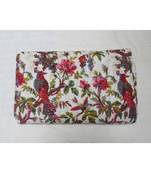 Indian Handmade White Bird Printed Design Kantha Quilt Print Bedspread Cotton Blanket Queen Size