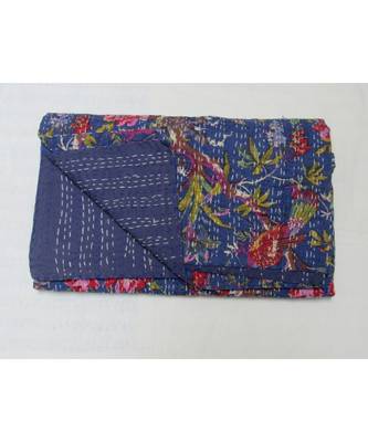Indian Handmade Blue Bird Printed Design Kantha Quilt Print Bedspread Cotton Blanket Queen Size 1