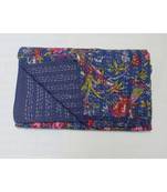 Indian Handmade Blue Bird Printed Design Kantha Quilt Print Bedspread Cotton Blanket Queen Size