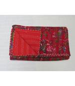 Indian Handmade Red Bird Printed Design Kantha Quilt Print Bedspread Cotton Blanket Queen Size
