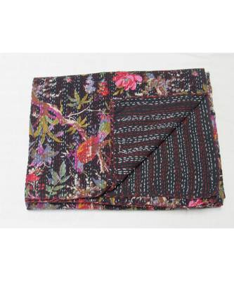 Indian Handmade Black Bird Printed Design Kantha Quilt Print Bedspread Cotton Blanket Queen Size 1