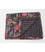 Indian Handmade Black Bird Printed Design Kantha Quilt Print Bedspread Cotton Blanket Queen Size