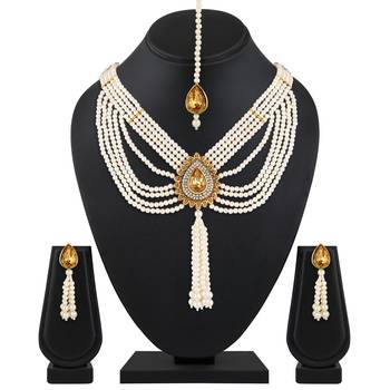 Royal Bridal Wear Gold Plated White Bead Necklace Set For Women 1