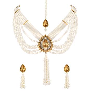 Royal Bridal Wear Gold Plated White Bead Necklace Set For Women 2