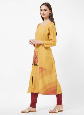 Yellow printed cotton kurti 4